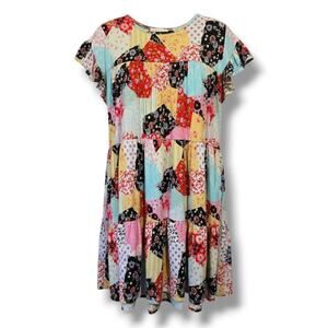 Perfect Peach Women’s Multicolor Patchwork Tiered Flutter Sleeve Dress – Large